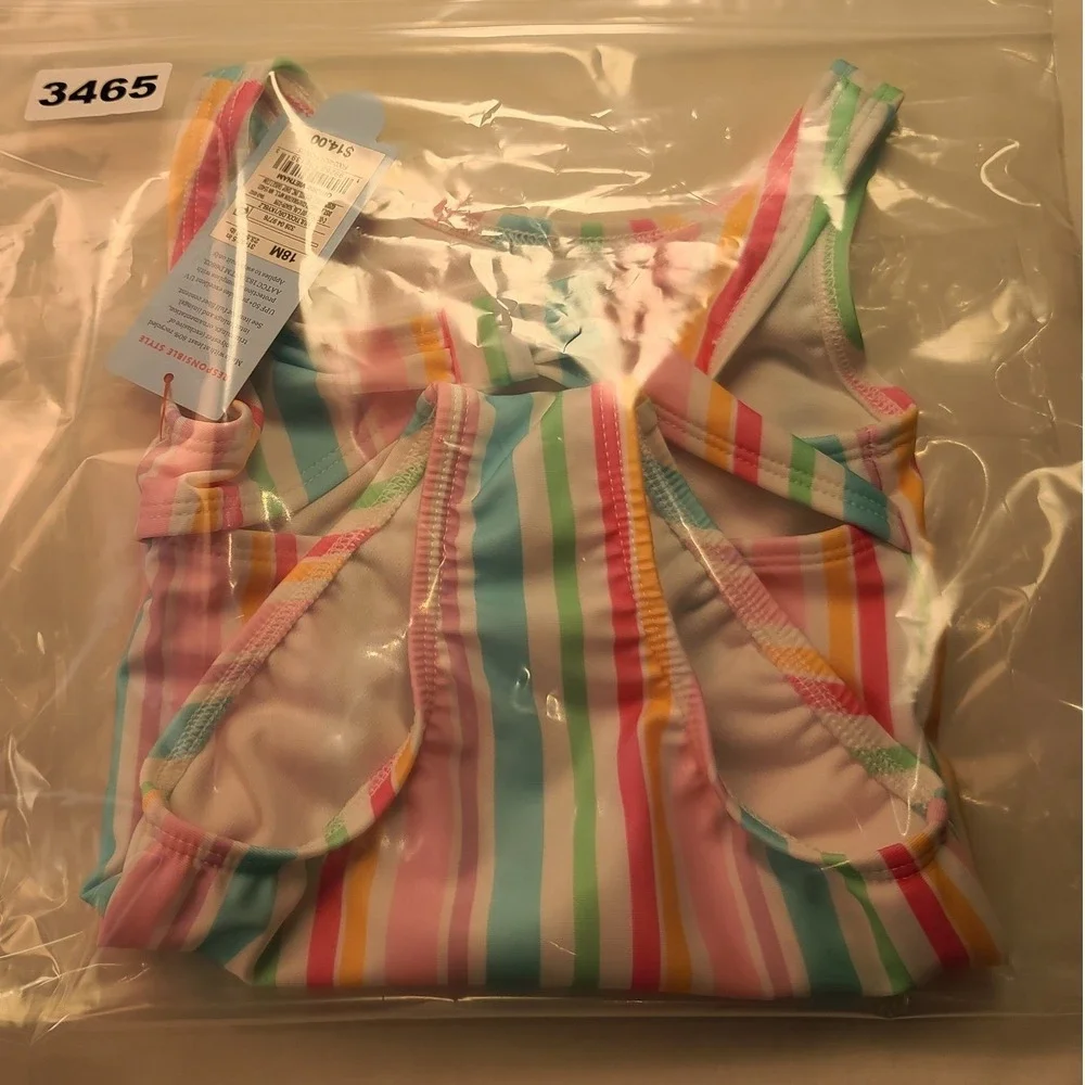 Cat & Jack Toddler Girls 18M Striped One Piece Swimsuit UPF 50+ Pink Teal NWT